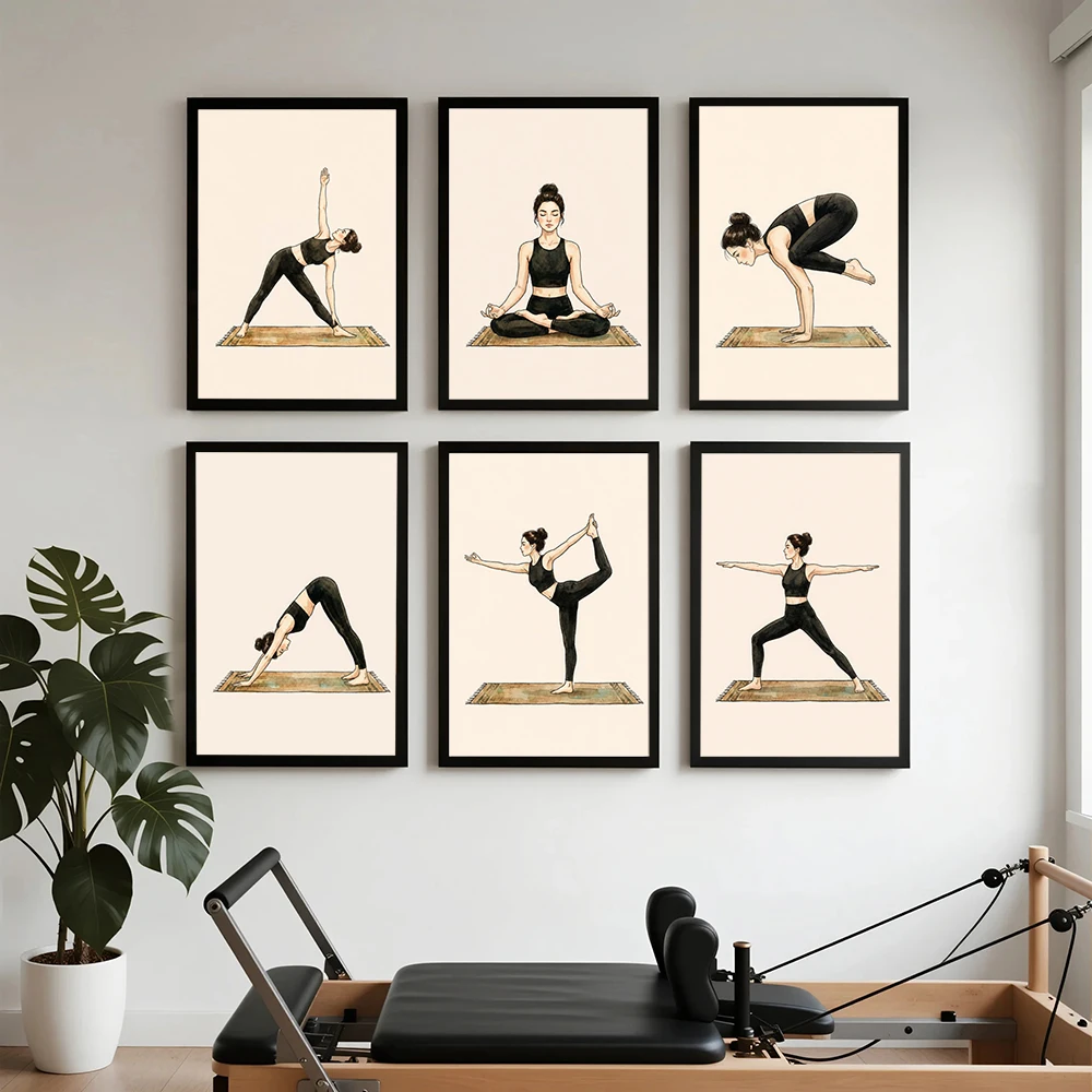 Hand Drawn Yoga Pose Art Prints Retro Watercolor Poster Pilates Gym Action Canvas Painting Yoga Classroom Wall Pictures Decor
