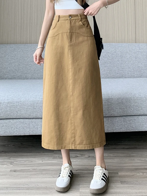 กระโปรงทรงเอไลน์สำหรับผู้หญิง ทรงตรง เอวสูง เหมาะสำหรับใส่ทำงาน ฤดูร้อน 2025 กระโปรงทรงเอไลน์ความยาวปานกลาง สไตล์เกาหลี