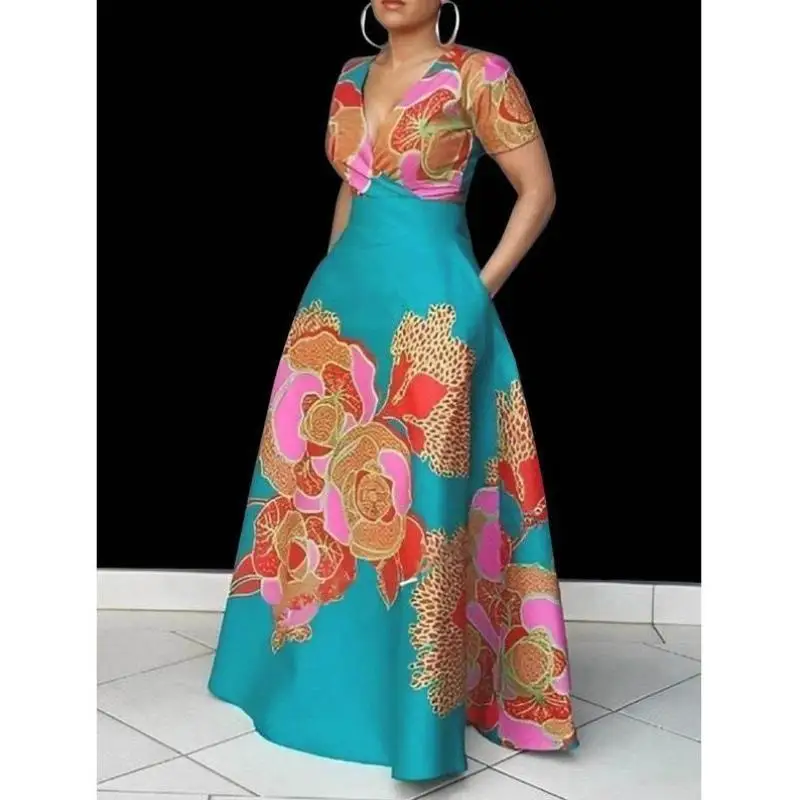 

Ele Floral Print Wrap Skirt Deep V-Ne ort Dr for Women Autumn Season Casual Sport Suit Seven Sve Long Sve