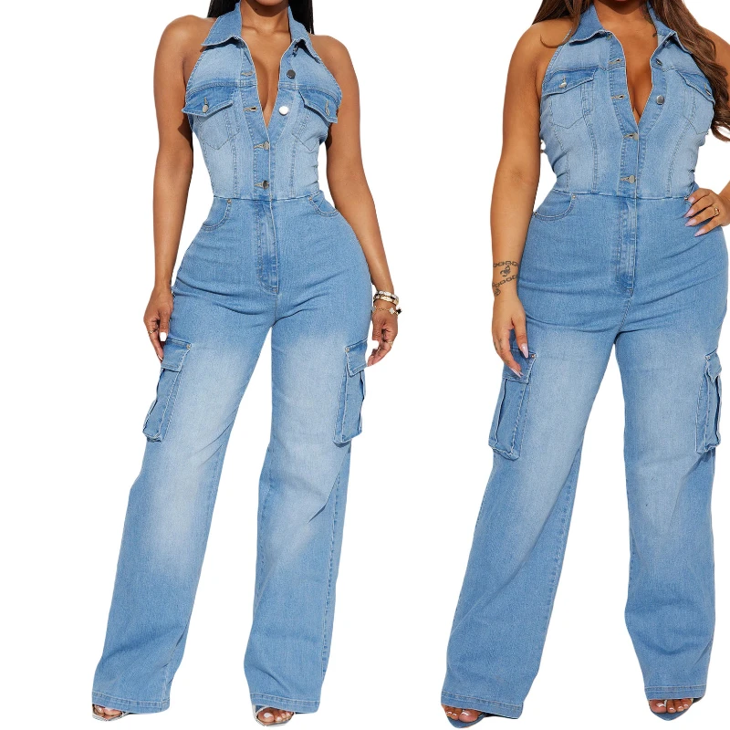 

Jumpsuits Women One Piece Denim Turn Down Collar Sleeveless Overalls Slim Fit Wide Leg Long Pants Casual Splice Backless Rompers