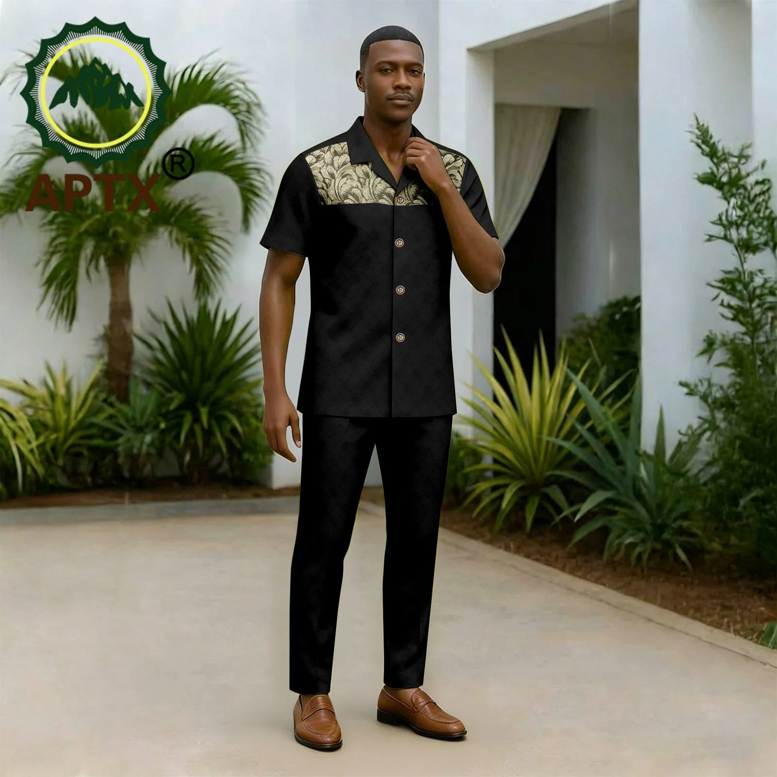 African Men's Fashion Set applique Shirt and Full Length Pants Bazin Riche Attire Traditional Wedding Gown 2416094