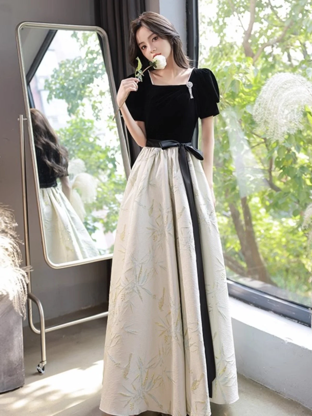 

Элегантное длинное вечернее платье Ele Long Bla для женщин: роскошное осенне-зимнее платье для торжественных мероприятий с жемчужной отделкой в стиле принцессы