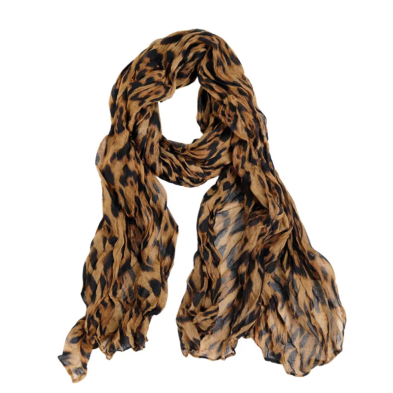 Fashion Leopard Print Cotton Linen Crumpled Gradient Neck Guard Silk Scarf Women Travel Holiday Beach Towel Sunscreen Shawl R49