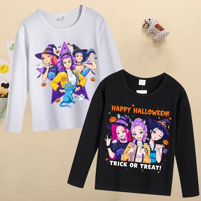 

K Pop Demon Huntersd детские футболки с длинными рукавами для мальчиков и девочек, футболка с рисунком на Хэллоуин и рисунком, осенние детские топы, подарки на Хэллоуин