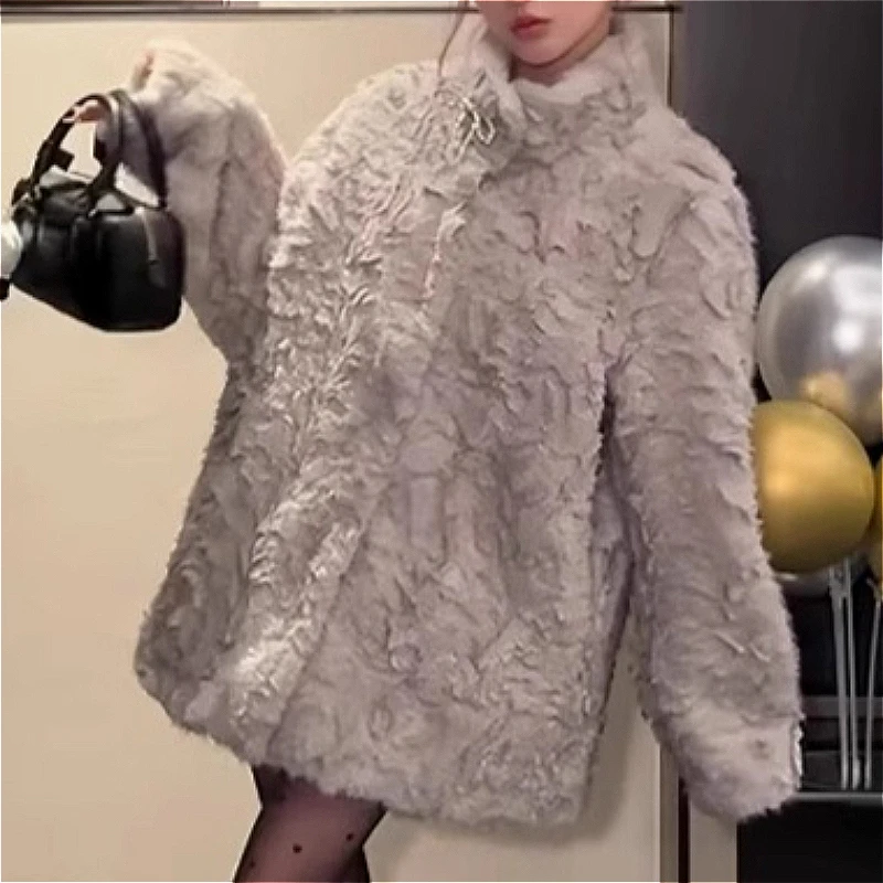 Faux Fur Women Coats Jackets Stand Collar Casual Coat Thick Warm Y2k Streetwear Jacket Elegant Work Outerwear Autumn Winter