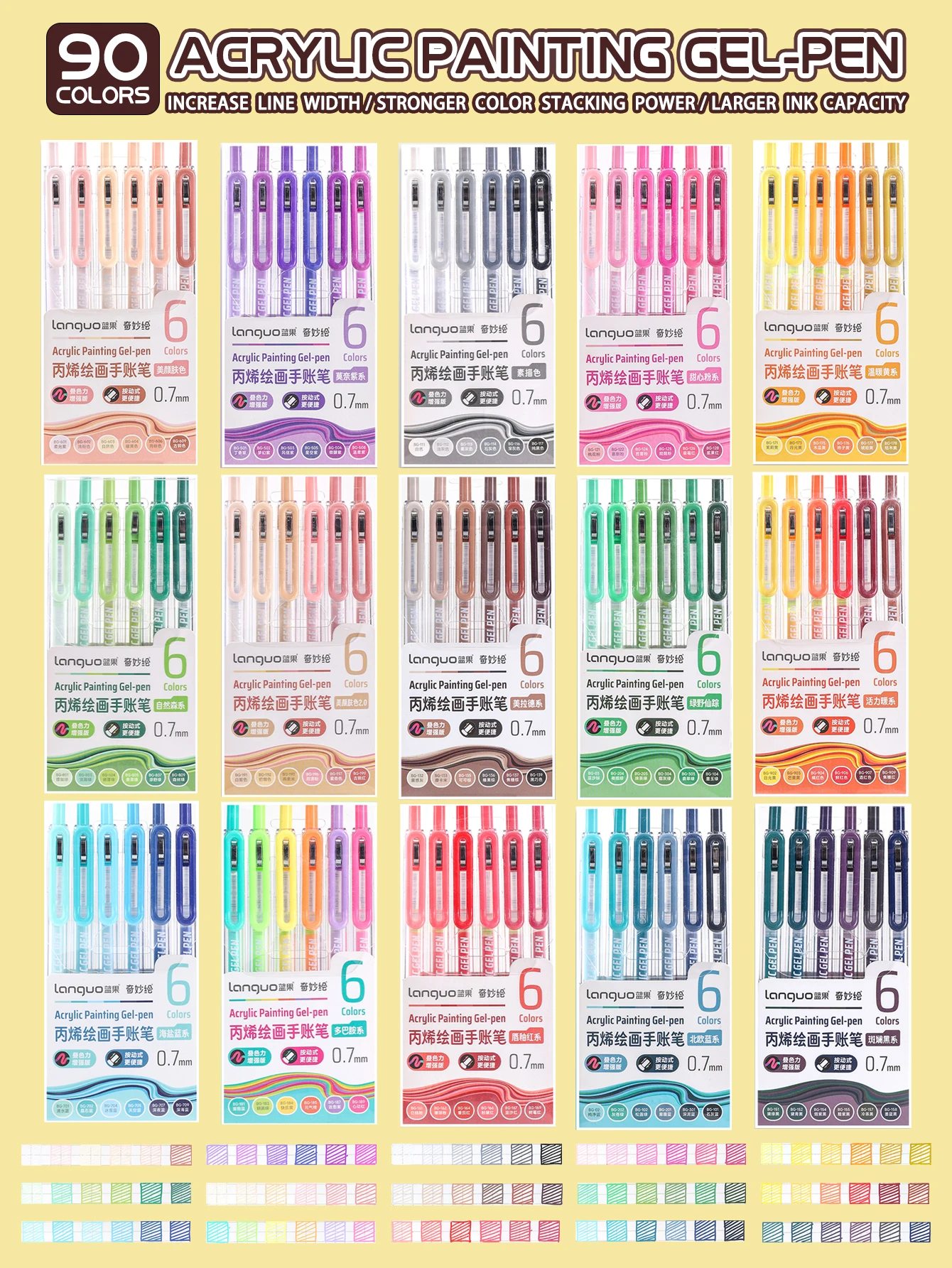 6-90 Colors Languo Acrylic Painting Gel Pen Set Handbook Pen Multi-Color Neutral Pen Student Writing Drawing Marker Pens D200