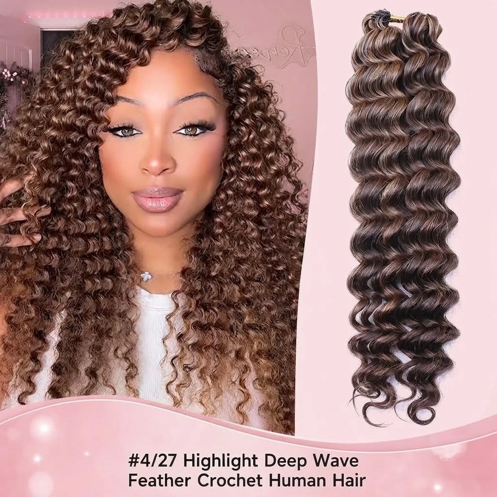 Loose Deep Wave Bulk Human Hair For Boho Braids 100% Unprocessed Brazilian Remy Crochet Hair Extensions  4/27 Highlight Brown Pre-Separated Miracle Knots for Braiding Soft Lightweight Fluffy  Daily Wear For Women