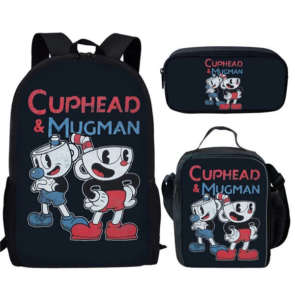 Mochila clásica con estampado 3D de Cuphead para ordenador portátil, mochilas escolares para pupilas, lonchera, estuche para lápices, 3 unidades por juego