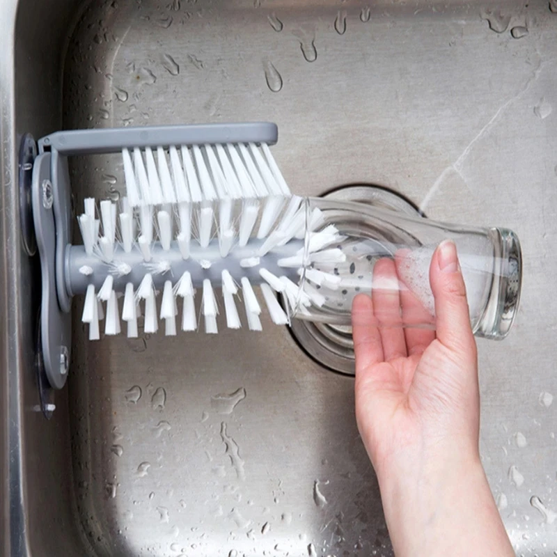 Escova de Limpeza 2 em 1 para Copos e Garrafas, com Ventosa, Acessório de Cozinha para Pia, para Canecas e Garrafas de Vinho, Utensílio de Limpeza