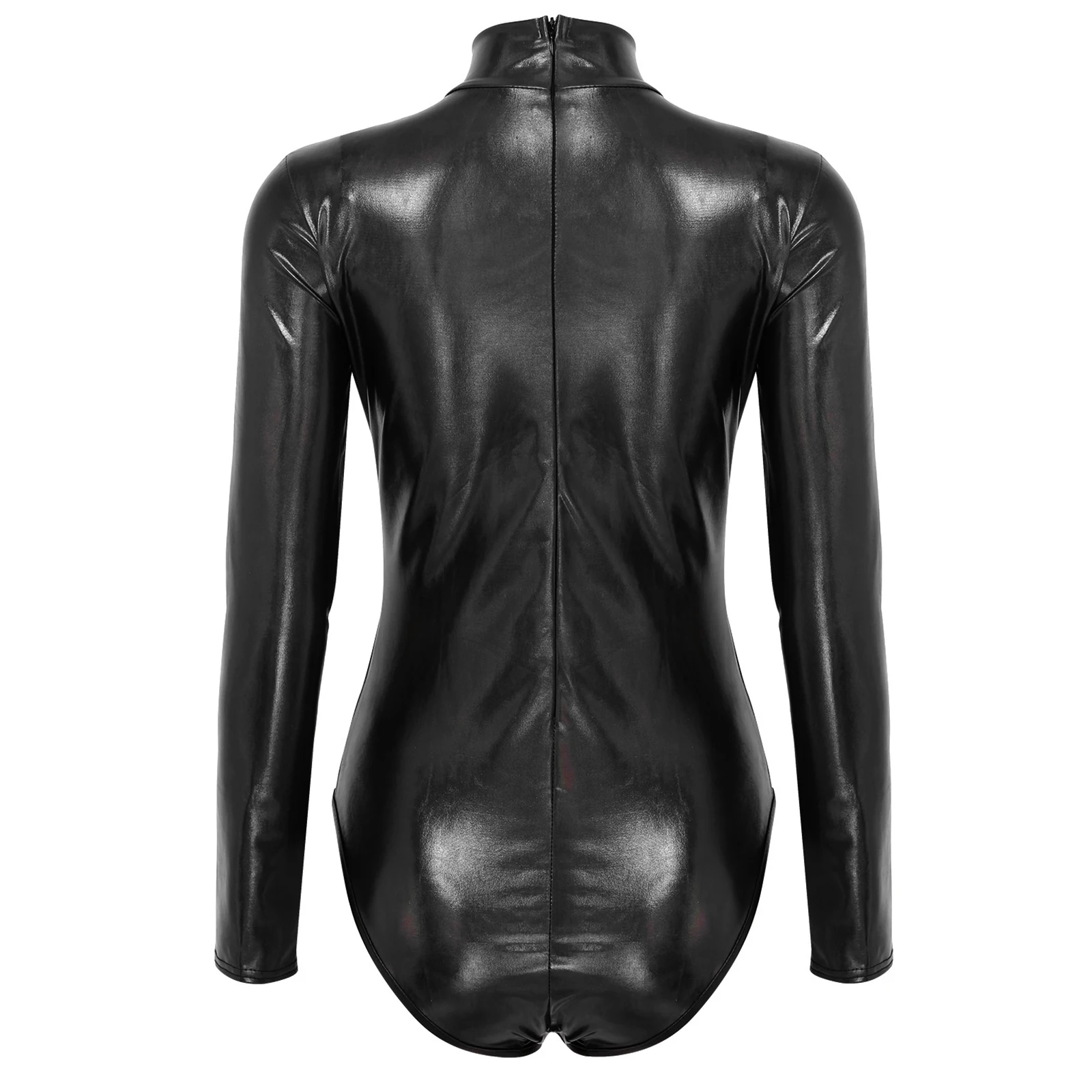 Womens One-piece Swimwear Shiny Metallic Glossy Turtleneck Long Sleeves Ballet Gymnastic Leotards Bodysuits Female Clubwear