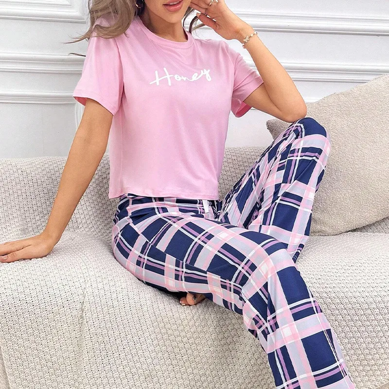 Women Pajama Set Super Soft Cotton Short Sleeve Pink Tops With Long Pants  Two Pieces High Quality Sexy Lingerie Homewear Set