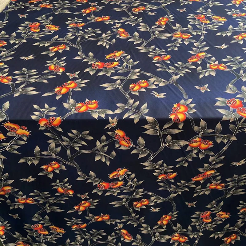 16mm Orange Fruites Printed Dark Blue Silk Crepe de Chine Fabric for Summer Soft Dress Pants Silk Tissue for DIY Sewing C001-37
