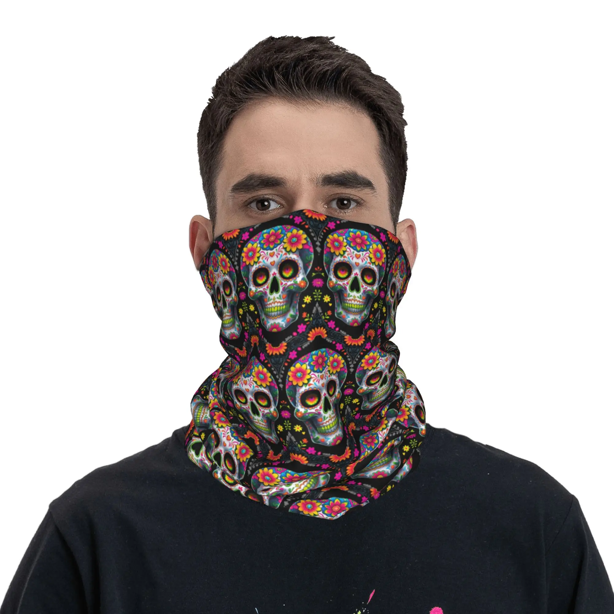 

Day of the Dead Sugar Skull Bandana Neck Gaiter Printed Mask Scarf Balaclava Riding for Men Women Adult Washable
