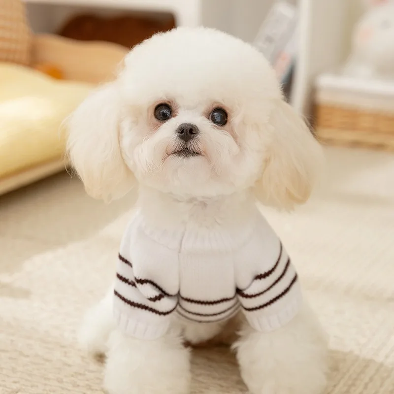 Pet Teddy Simple Striped Button Sweater Small and Medium Dog Winter Clothes Bichon Warm Knit Sweater Puppy Fashion Pullover