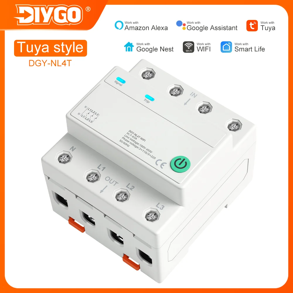 DIYGO 3P+N 4P WiFi Smart Circuit Breaker 1-63A ACTuya APP Remote Timer Relay Status Alexa Google Voice Control DIN Rail  MCB