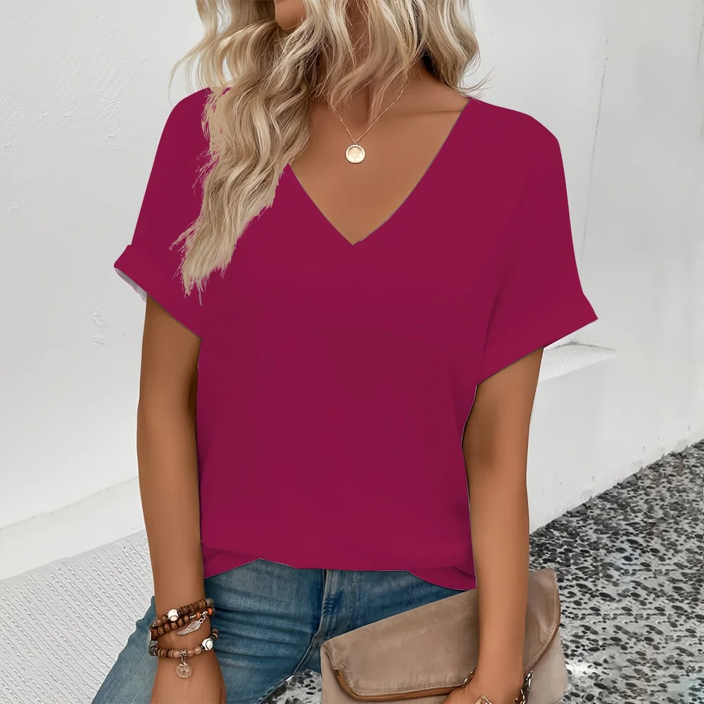 Fashionable And Minimalist Summer Oversized Solid Color T-shirt Energetic Street Casual Daily Women\'s V-neck Short Sleeved Top