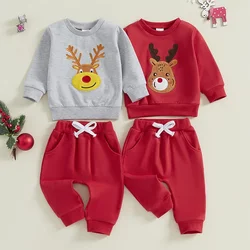 Baby Clothing Boy Girl Christmas Outfit Reindeer Embroidery Long Sleeve Sweatshirt   Pants Clothes Set