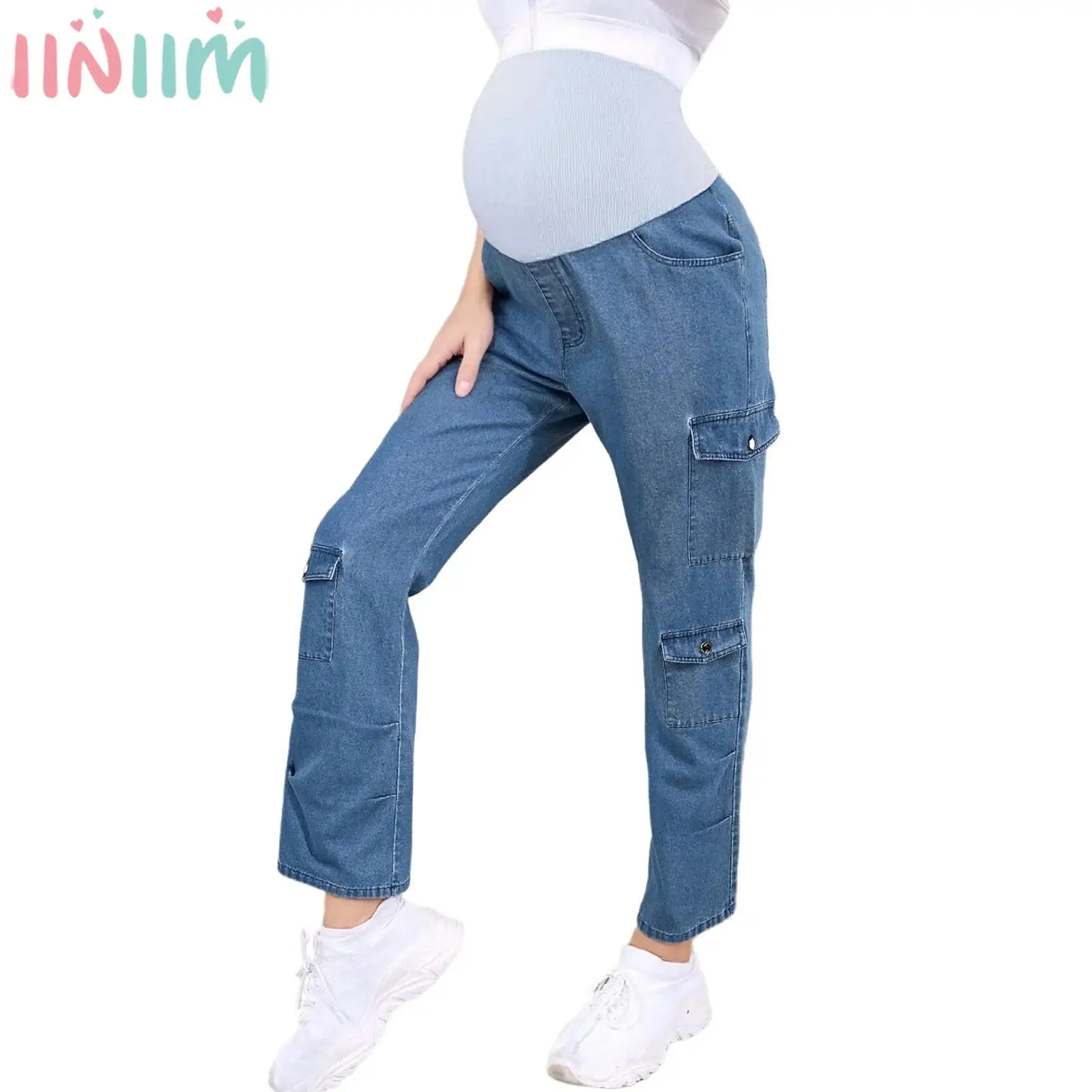 

Maternity Fashion Casual High Waist Cargo Jeans Stretchy Over Belly Straight-Leg Loose Denim Pants for Office Party Home Wear