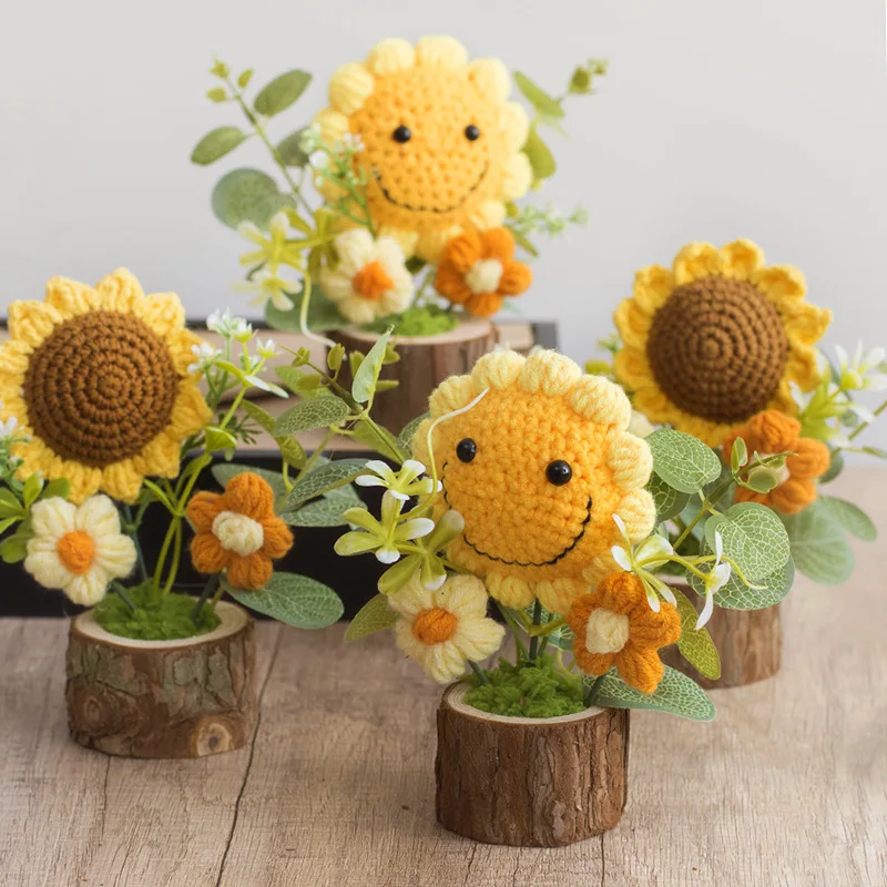 

Handmade Potted Flower Knitted Tulip Sunflower for Home Decoration Small Exquisite Gifts for VIP Clients Guest Artificial Flower