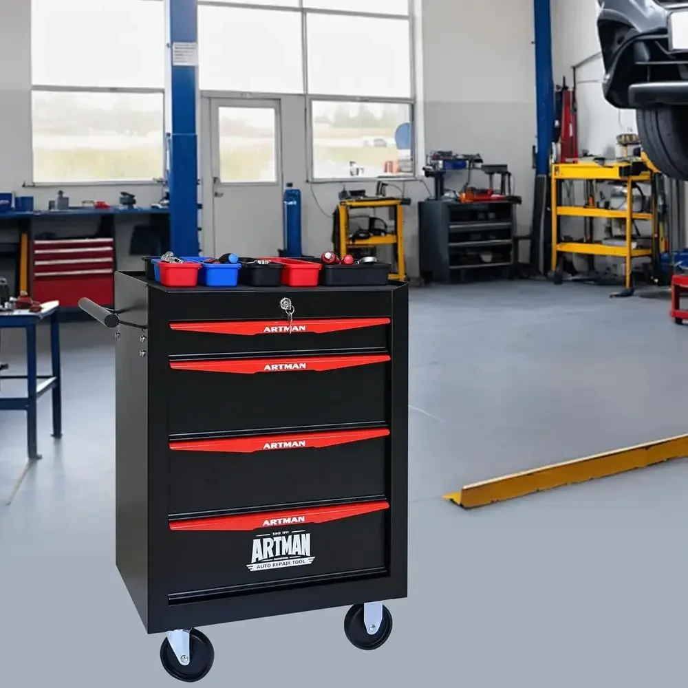 Heavy-Duty 4-Drawer Rolling Tool Chest with Locking Wheels & Ball Bearings, 30.5 H x 20.9 W x 13 D, Black Metal Tool Storage Cab