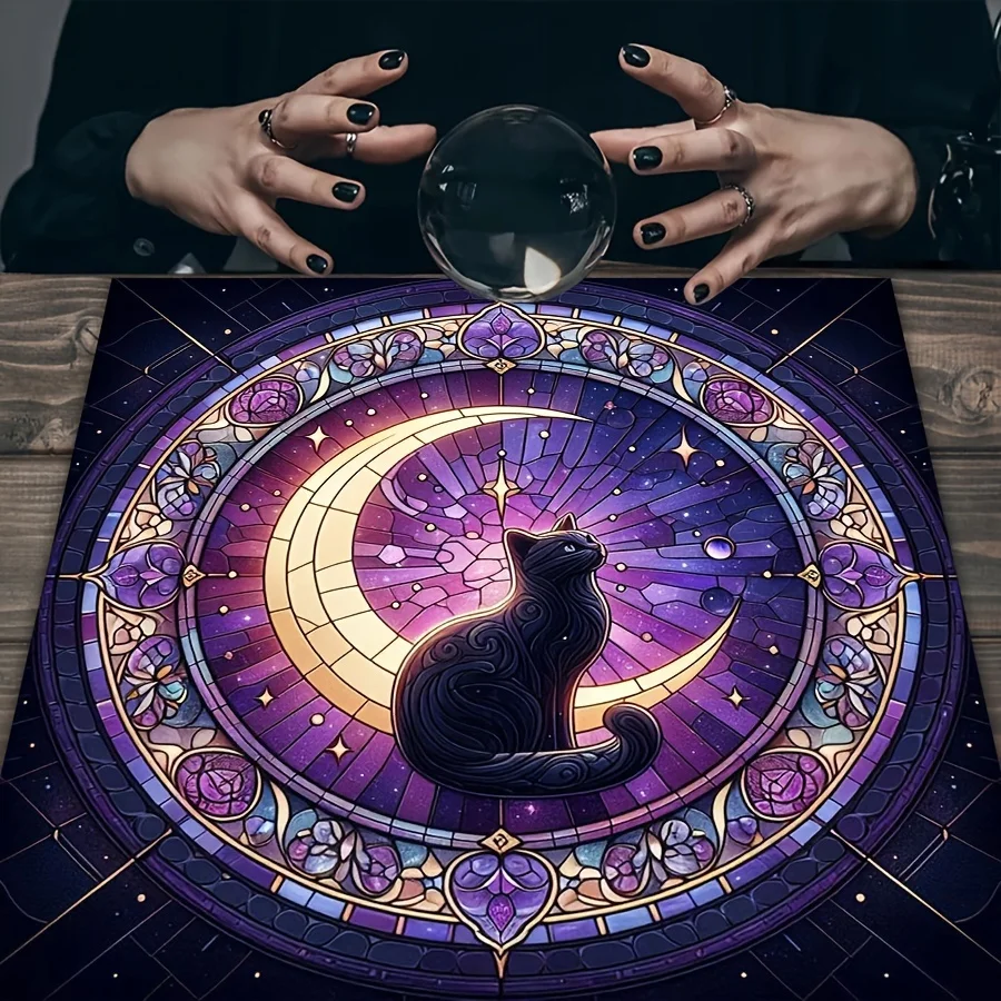 

Скатерть для Таро с изображением черной кошки из витражного стекла, 1 шт., алтарная ткань с лунным пентаклем, коврик для гадания и медитации, для чтения Таро