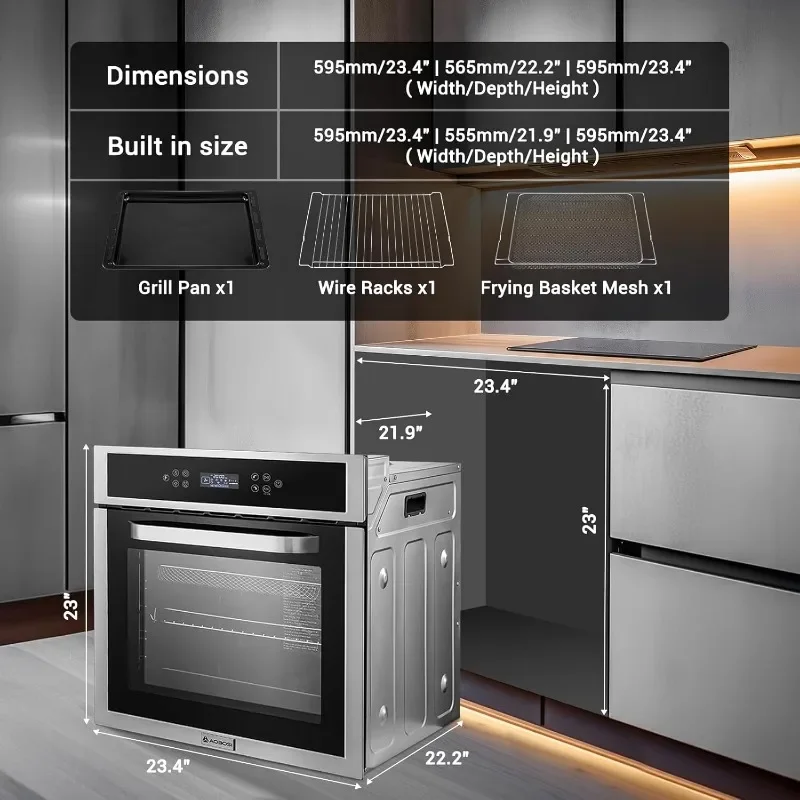 AAOBOSI เตาอบผนังเดี่ยว, 24 นิ้วไฟฟ้าในตัวเตาอบพาความร้อน 2.5 Cu.Ft 2800W 240V LED Digital Display Touch Control Timer