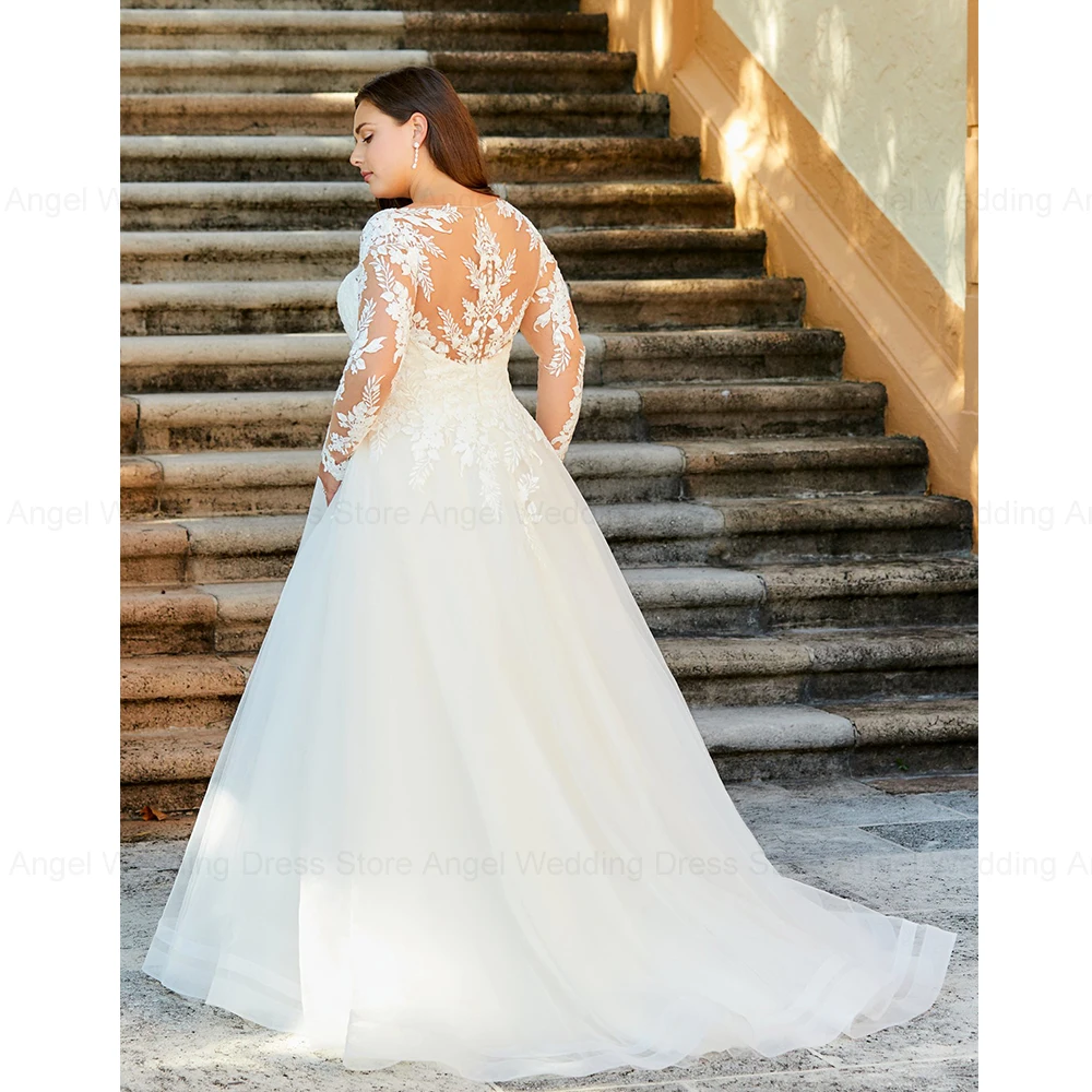 ANGEL Classic Plus Size Wedding Dresses Customized 2025 A-line Tulle Lace Appliques Bridal Gowns Long Sleeves Vestidos de Novia