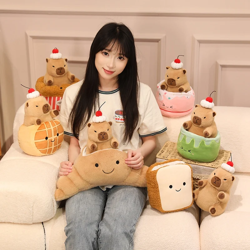 Cartoon Pineapple Bread Croissant Cake Dessert Capybara Into Cake Animals Dolls Soft Throw Pillow Plush Birthday Gifts for Girls