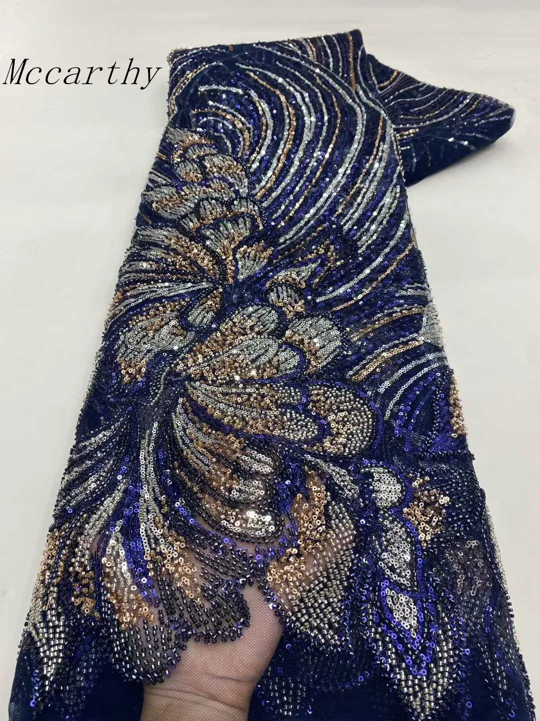 

Роскошная кружевная ткань ручной работы с бисером, свадебная ткань, высококачественные свадебные ткани, французские нигерийские блестки, бусины, вышитые на тюле, 5 ярдов