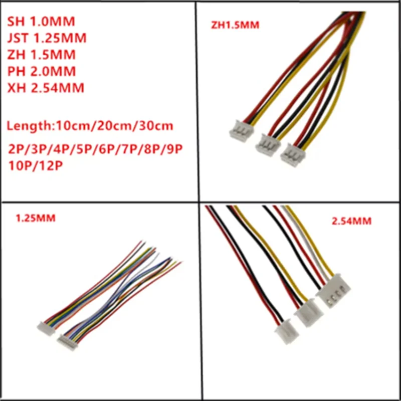 10pcs 10cm/100mm SH1.0 JST1.25 ZH1.5 PH2.0 XH2.54mm 2P 3P 4P 5P 7P-12P Double End Male Electronical Terminal Wire Cable Assembly
