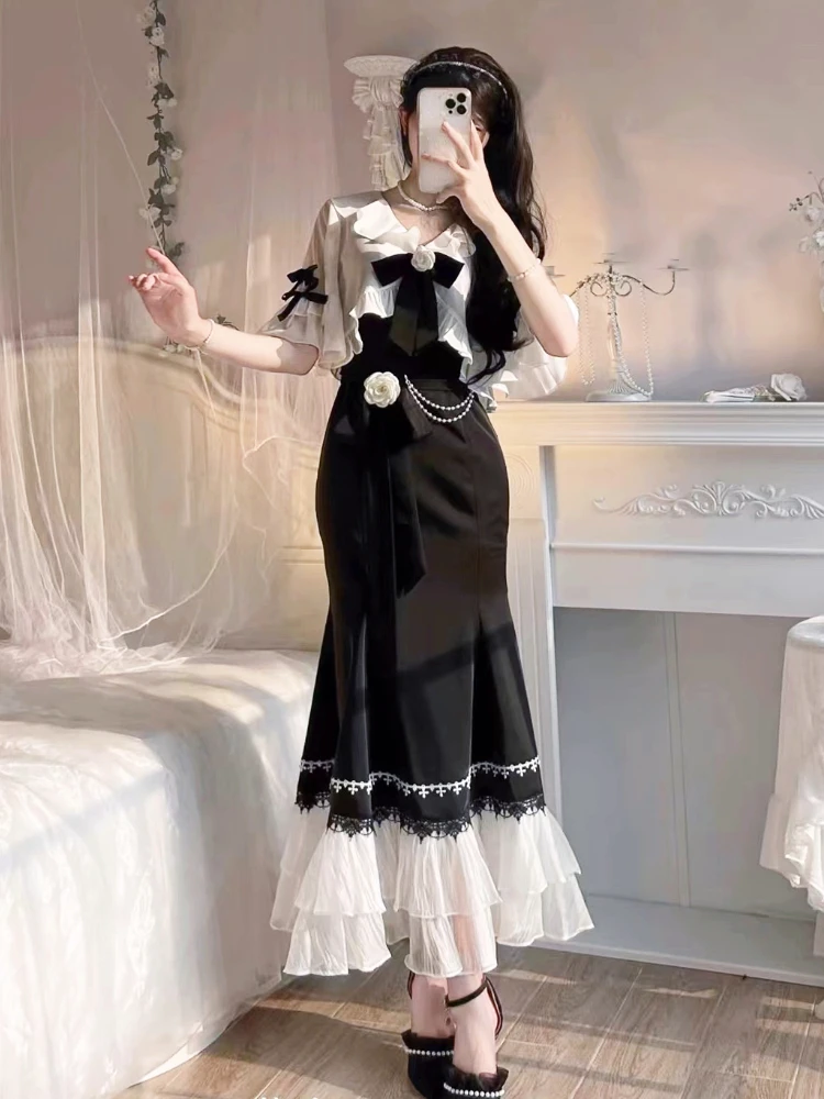 2023 Summer 2 Piece Dress Set Women Elegant Vintage Midi Dress + Casual Blouse Kawaii Clothing Lolita Dress Fashion Suits Chic