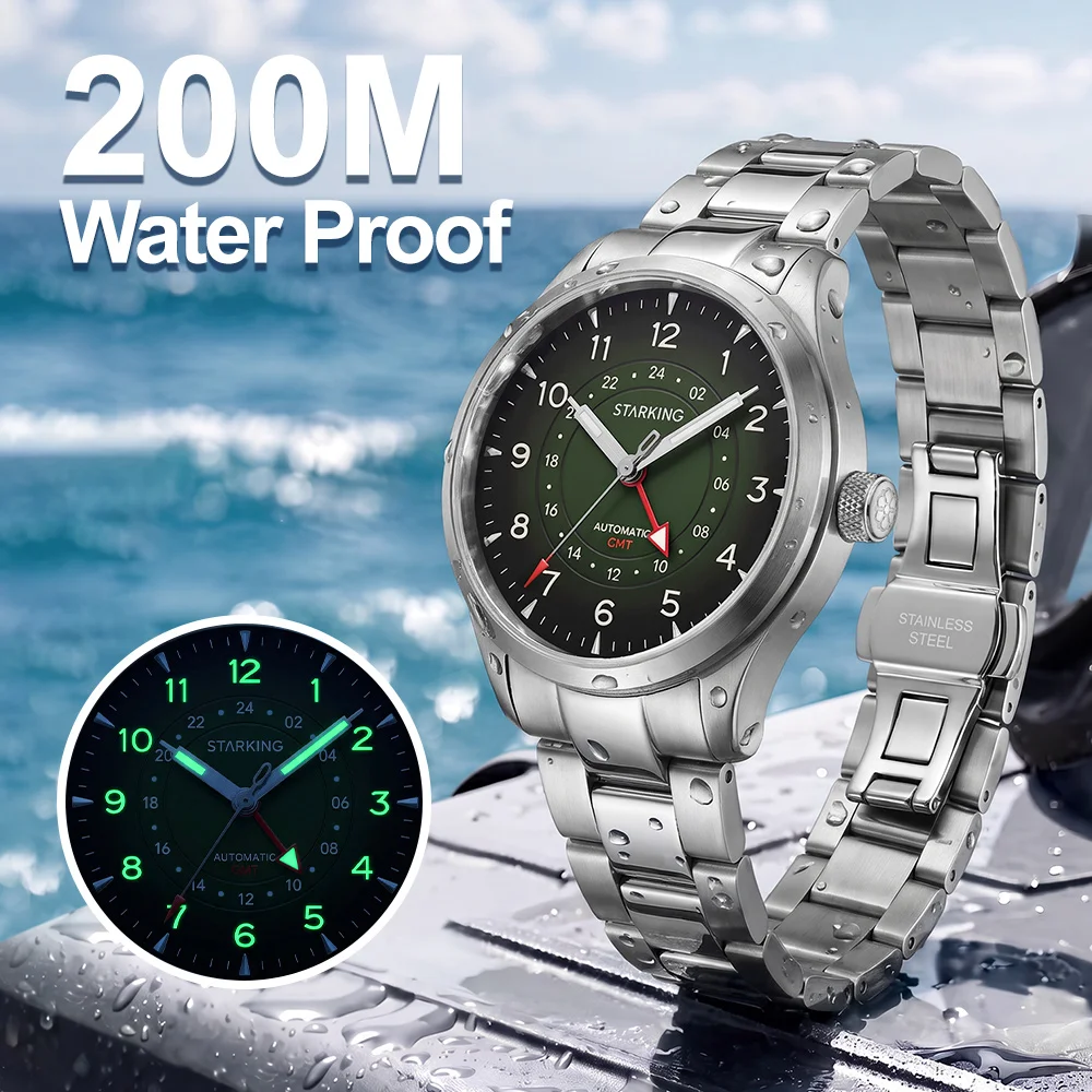 STARKING GMT Automatic Mechanical Watches Sapphire Glass Luminous Sport Watch 200M Waterproof Business Casual Wristwatch AM0611