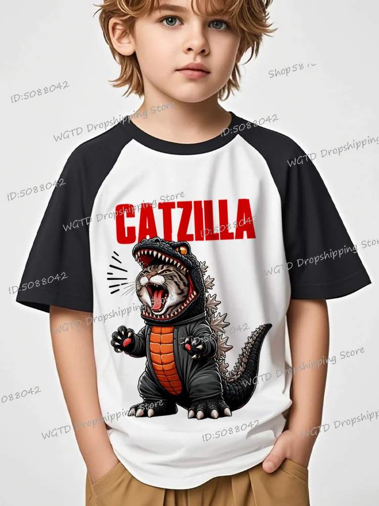 

Y2K Catzilla Dinosaur Cat Japanese Style T-shirt Boys Girls Fashion Cotton Crewneck Streetwear Harajuku Kitten Lover Kids Tshirt