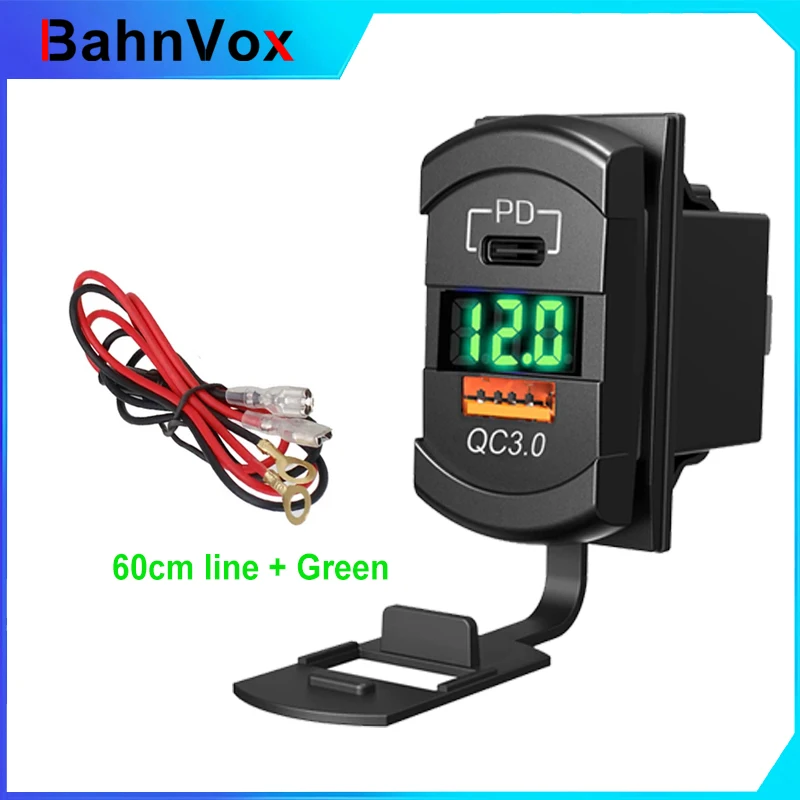 Rocker Type Car Charger Socket 36W PD & USB QC 3.0 Fast Charger with Voltmeter for Car Marine Boat RV Motorcycle Waterproof