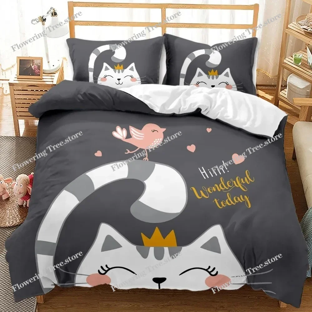 Kids Cat Duvet Cover Queen Size,Cartoon Kitten Sleeping on Crescent Moon Stars Night Dreams Polyester Comforter Cover for Kids