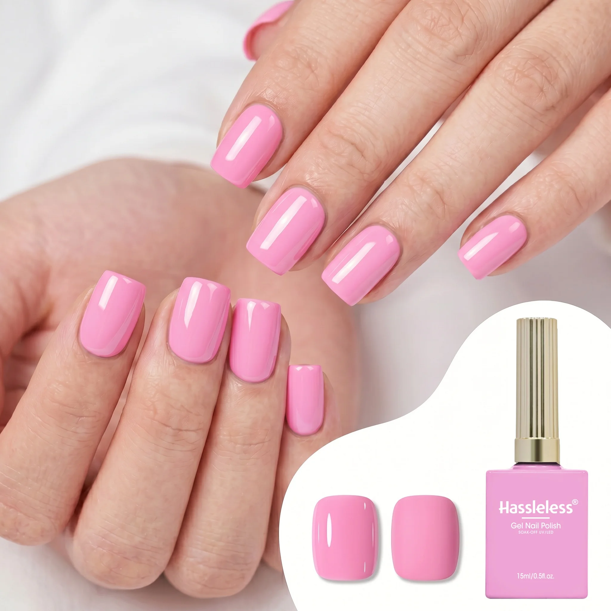 Hassleless Pink Nail Gel 0.5 ounces can be easily removed without damaging the nails, with rich and long-lasting color.