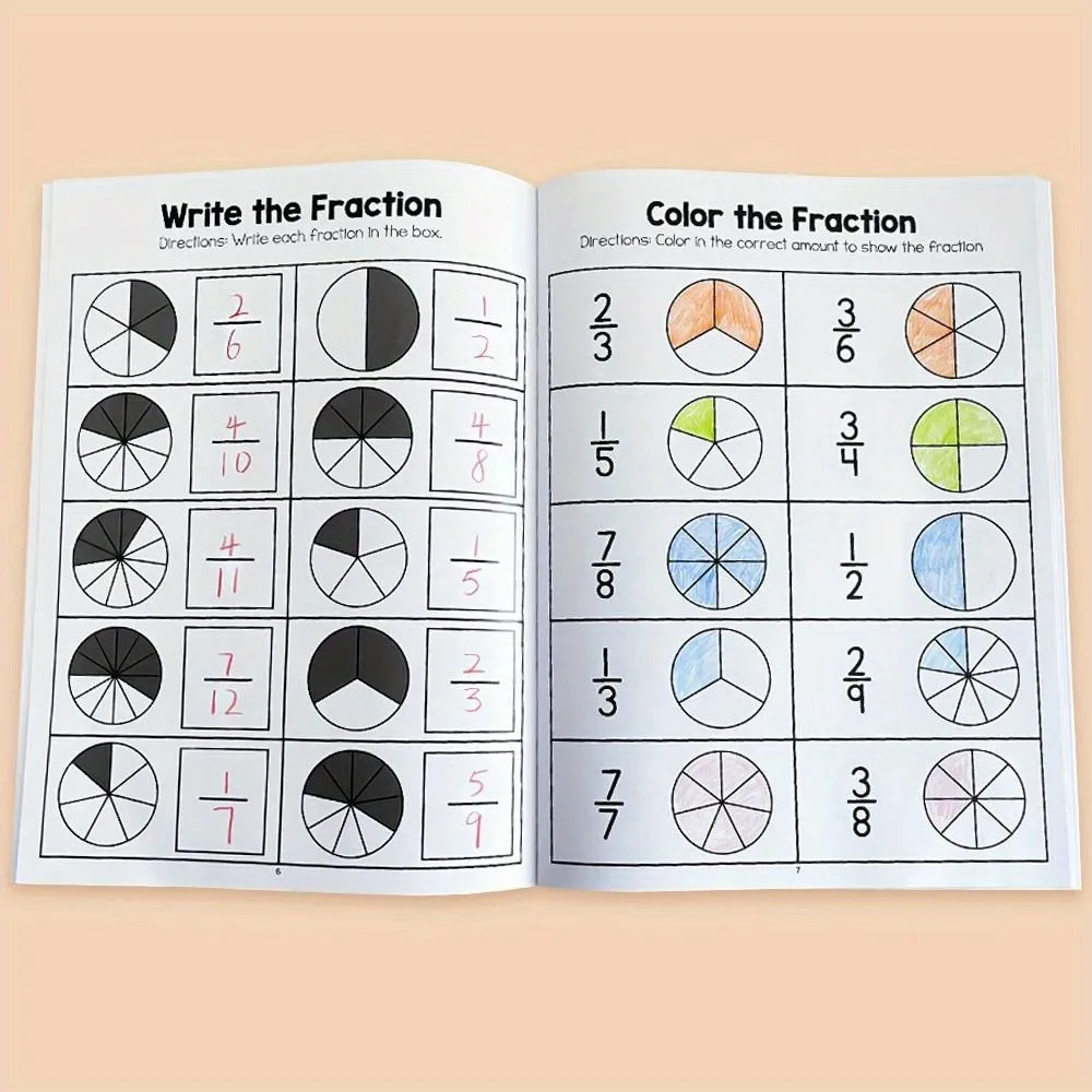 Trainingsübungsblätter, Mathe-Bruch-Arbeitsbuch, Bruchübungsbuch, kognitiv zum Schreiben und Zeichnen, Brüche für Kinder im Alter von 8–12 Jahren – Detail 4