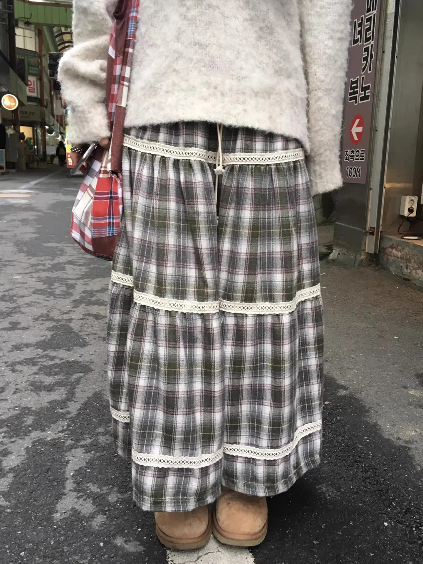 

Liangliang Home Spring New Sle Retro Forest System Lace Splicing Plaid Elastic Waist Dstring f Skirt Long Skirt Women