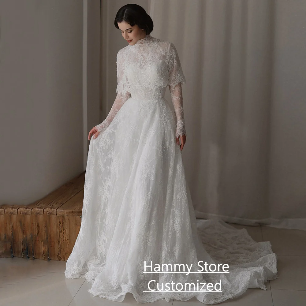 Saudi-arabisches Perlen-Spitzen-Hochzeitskleid, maßgeschneidert, Stehkragen, volle Ärmel, Hofschleppe, A-Linie, Brautkleid