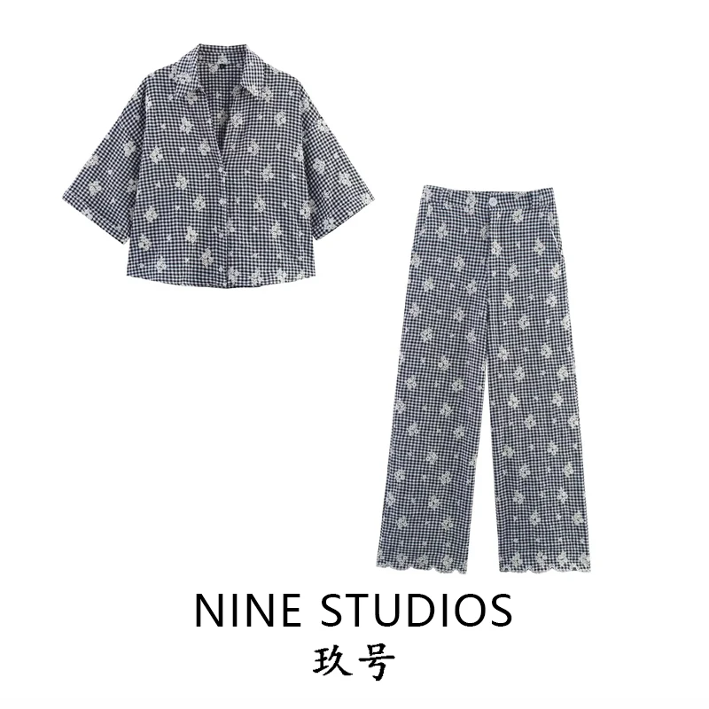 

Casual Embroidered Plaid ort Sve irt Women's Top Versatile Loose Fit Polyester Fiber UV Protection Commute Sle