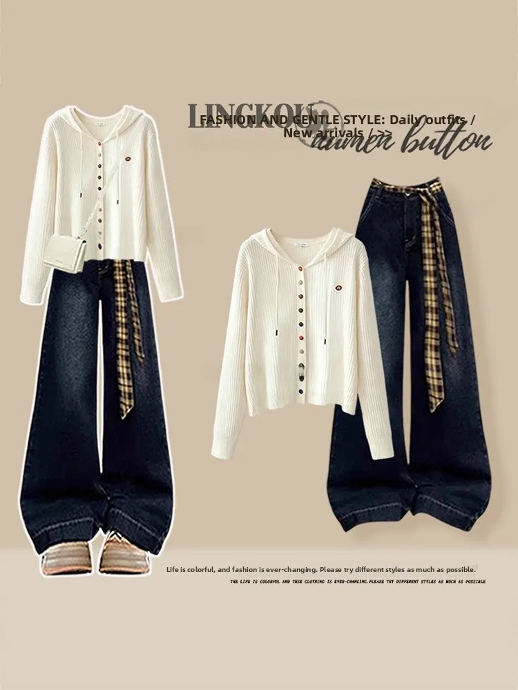 Fashionable Knitted Hat Jacket And High Waist Jeans Two-Piece Set for Women Autumn Winter High Quality Color Button Detail