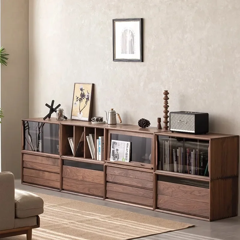 Black walnut solid wood module TV cabinet free combination low cabinet floor bookcase