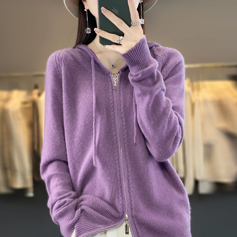 Hooded Cardigan for Women, 100% Pure Wool, Loose Knitted Coat, Long Sleeve, New Product, Autumn and Winter, Hot Selling, 2023