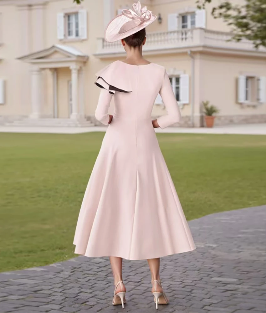 Sukienka wieczorowa szyta na miarę, elegancka, satynowa, w kształcie litery A, z kryształami, temperamentna, rękawy 3/4, okrągły dekolt, długość do herbaty, suknie na specjalne okazje.
