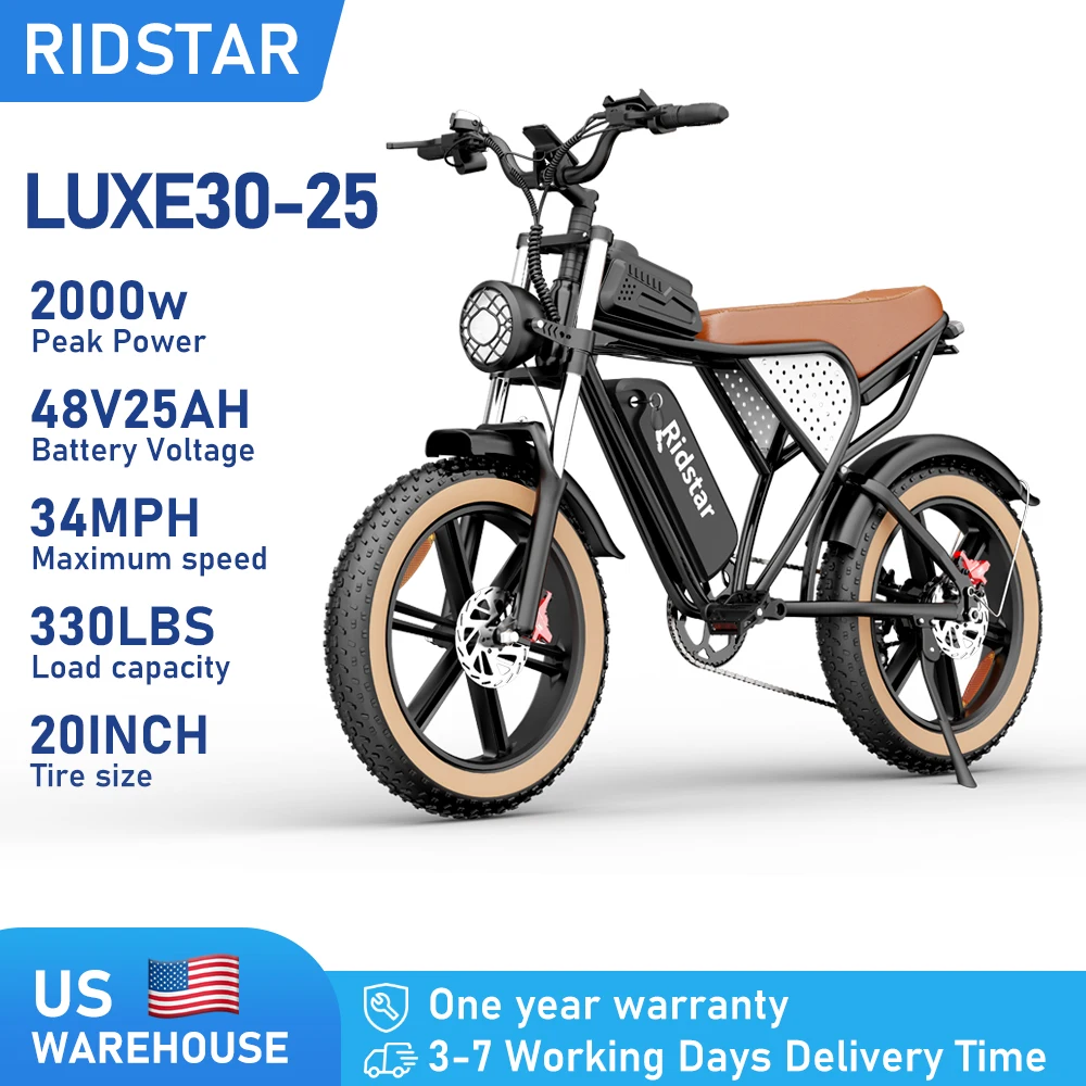 

Ridstar LUXE30-25 Electric Bike for Adults Motor 2000W Max 34MPH Battery 48V 25Ah 20" Electric Dirt Bike Hydraulic 7-Speed