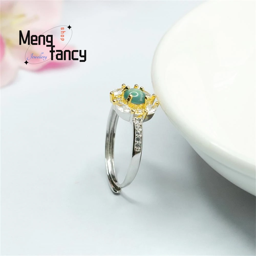 S925 Silver Inlaid Natural Ice Blue Water Jadeite Ring Exquisite Elegant Simple High-grade Luxury Fashion Jewelry Holiday Gifts