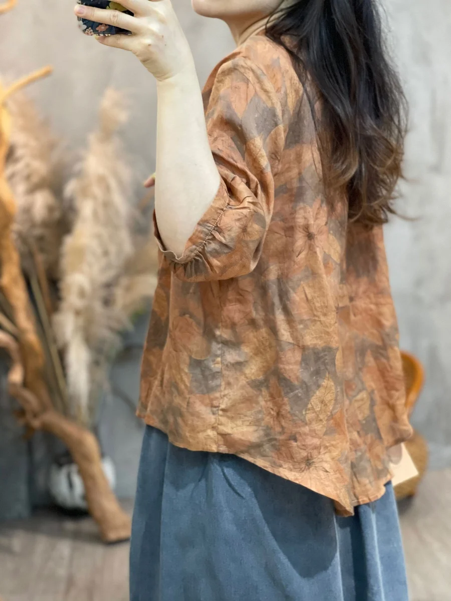 Luźny Krój Koszulka Damska Letnia Nowa Elegancka Narodowa Koszulka z Nadrukiem Asymetryczny Dół Lniana Wstawka Cienka Bluzka