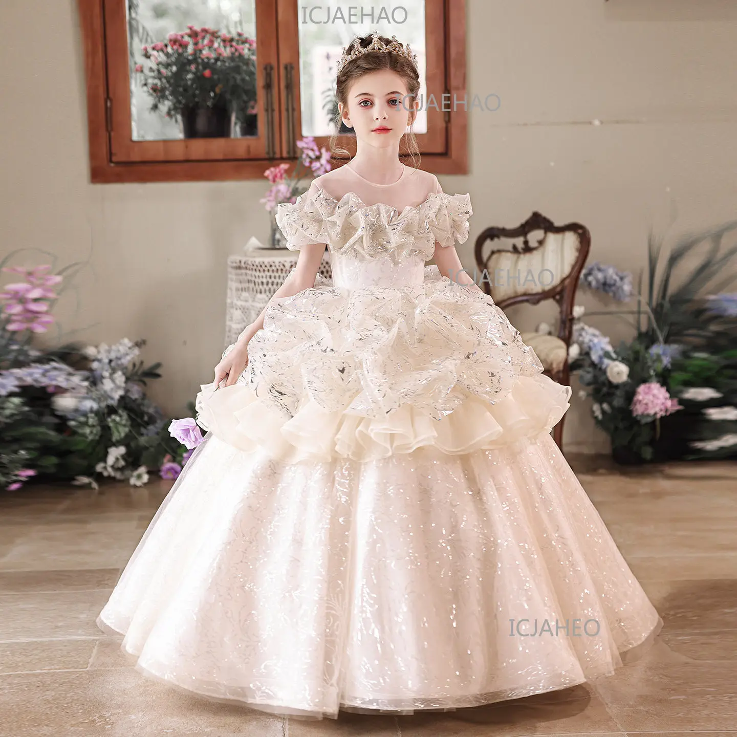 Off Shoulder Kids Forma Princess Dress Piano Performance Costume Children Clothesl Dress New Palace Style Flower Girl Birthday