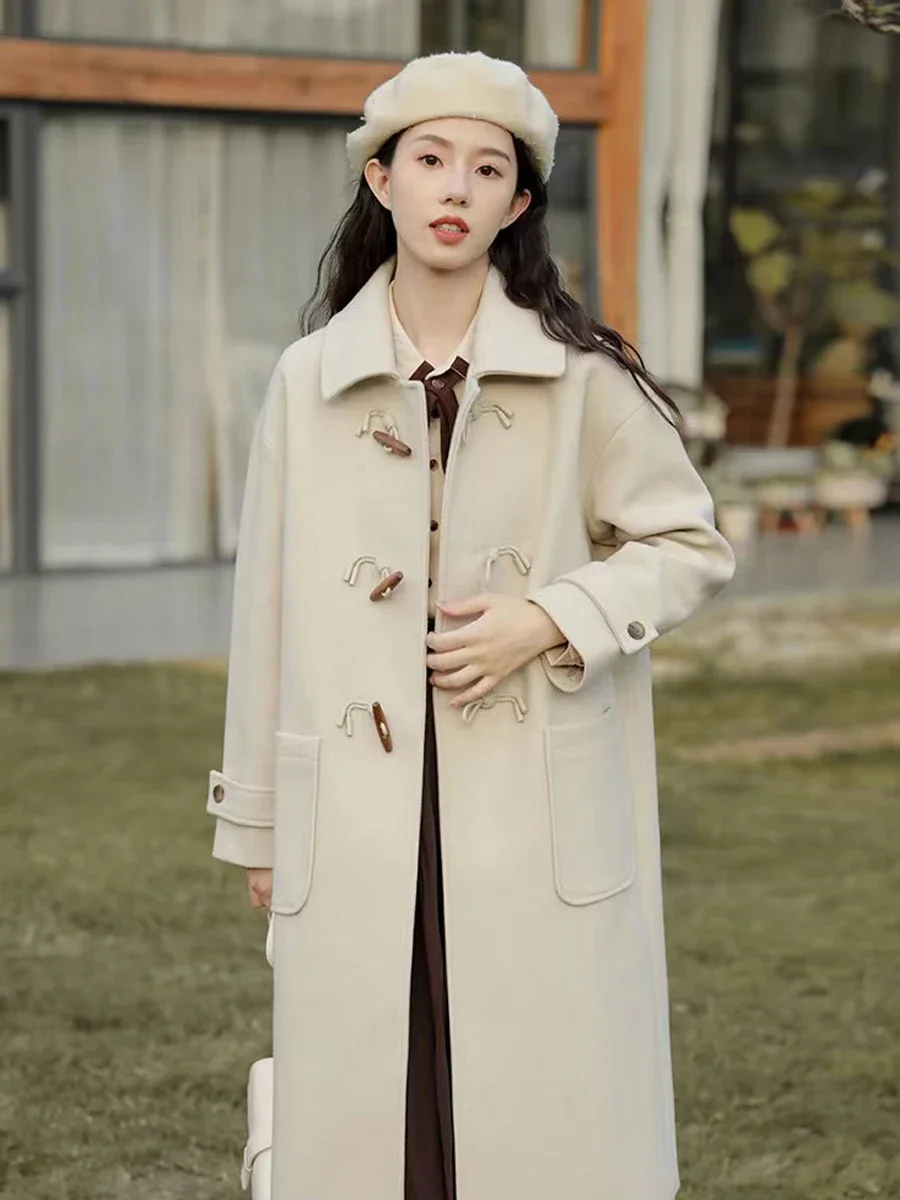 

Black Women Long Woolen Coats Retro Loose Female Overcoat Double Breasted Ladies Double Sided Topcoat Autumn Winter 2024