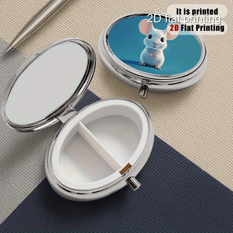 Mouse 42 Pattern Round 2-Compartment Sealed Pill Box, Multi-Purpose Metal Compact Simple Sealed Box, Compact Metal Sealed Compartment Box for Vitamins, Multiple Compartments Storage Box, Printed Position May Vary